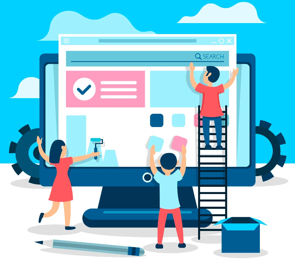 Three technicians busy with core theme and plugin updates for a WordPress website