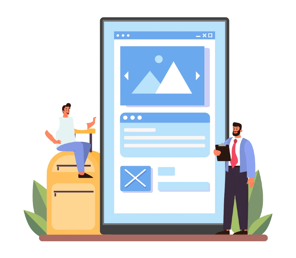 One man standing with a file while another man is sitting on a file cabinet holding up a device busy with managed web services.