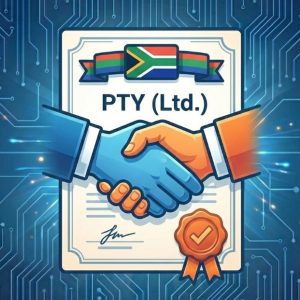 WooCommerce Company (PTY) Registrations represented by a certificate with South African flag and two men shaking hands with approval stamp