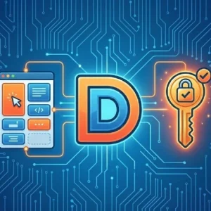 WooCcommerce Divi theme installation and setup represented by an image of a website theme, The Divi logo in blue and orange and a key