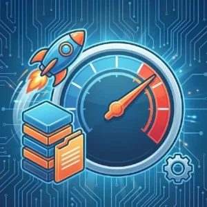 WooCommerce caching setup represented by rocket, files and folder and speedo with needle in the red