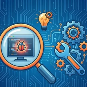 WooCommerce investigation and troubleshooting represented by "bug" on a PC screen under magnifying glass, a light bulb and "gear" icon as well as spanner and more "gear" icons