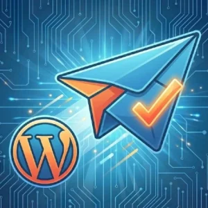 WooCommerce SMTP setup with WordPress logo and paper aeroplane to represent the sending of mail