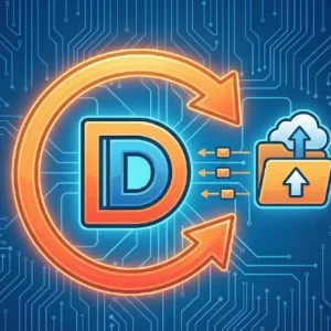 WooCommerce Divi Theme update represented by three quarter arrow around the "D" with a folder and a cloud in the background showing divi being updated