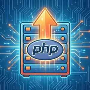 WooCommerce update PHP represented by Server in the background with PHP logo in the front and up arrow showing PHP being updated
