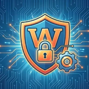 WooCommerce Wordfence Security setup represented by a "W' in a shield with orange/gold border, a padlock and gear icon