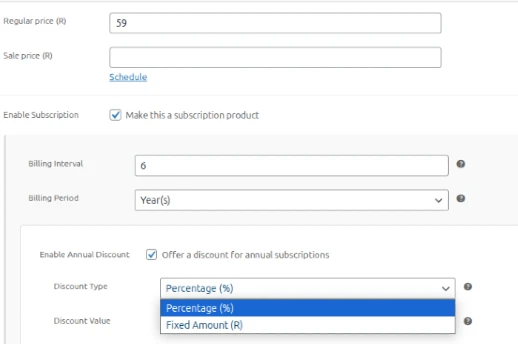 ReCurr Tutorials Select Annual discount type Percentage or Fixed